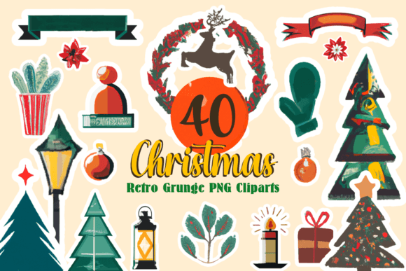 40 Christmas Retro Grunge PNG Clipart for Branding and Marketing