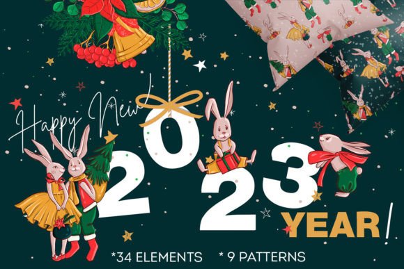 Christmas Clipart Rabbit Seamless Pattern Illustrations