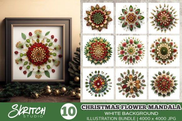 Christmas Flower Mandalas on White Illustrations