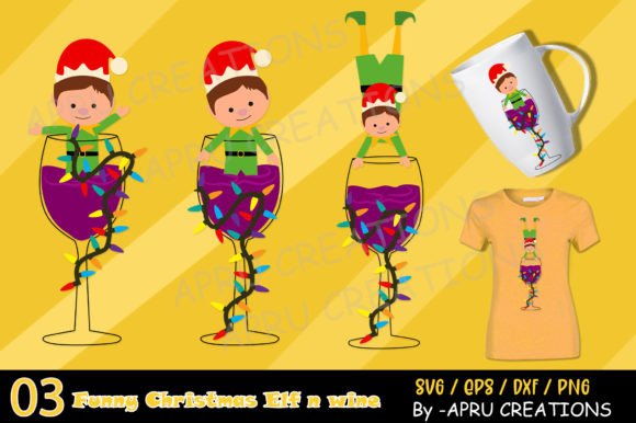 Christmas Funny Elf and Wine Illustrations