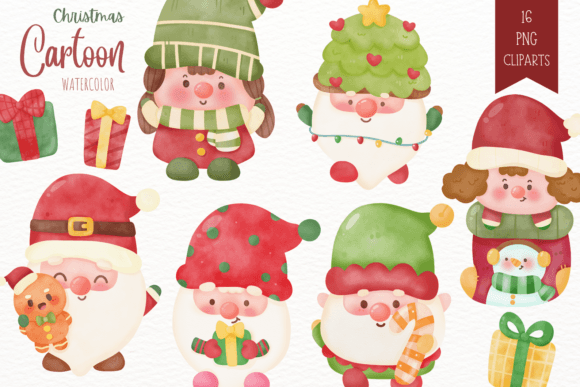 Christmas Gnome Watercolor Kawaii Santa Illustration