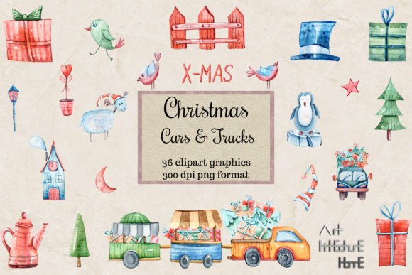 Christmas Watercolor Cliparts, Trucks Illustrations