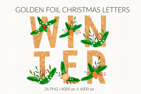 Christmas Wreath Golden Foil Letters Illustrations for Branding