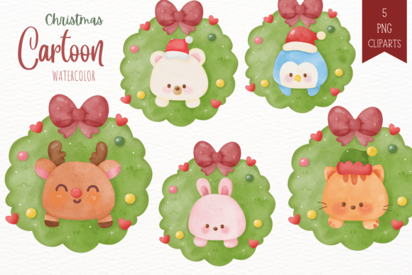 Christmas Wreath Watercolor and Animal Illustrations