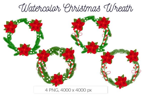 Christmas Wreath Watercolor Poinsettia Illustrations