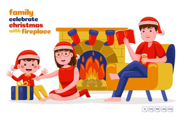 Family Celebrate Christmas in Fireplace Illustrations