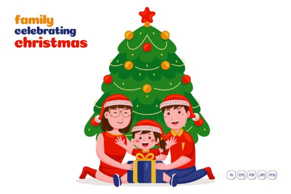 Family Celebrating Christmas Vector Illustrations