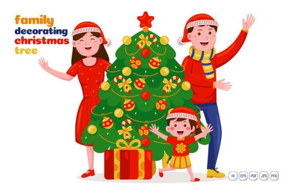 Family Decorating Christmas Tree Vector Illustration Review