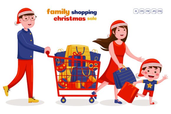 Family Shopping Christmas Sale Vector Illustration Review