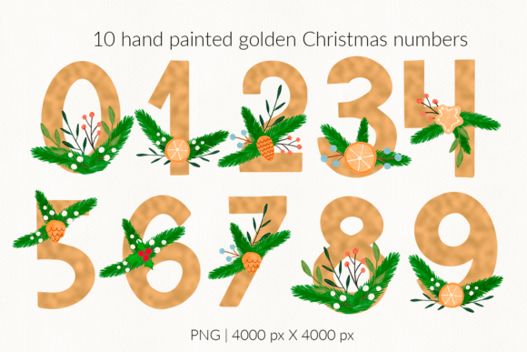 Golden Foil Christmas Wreath Numbers Illustrations