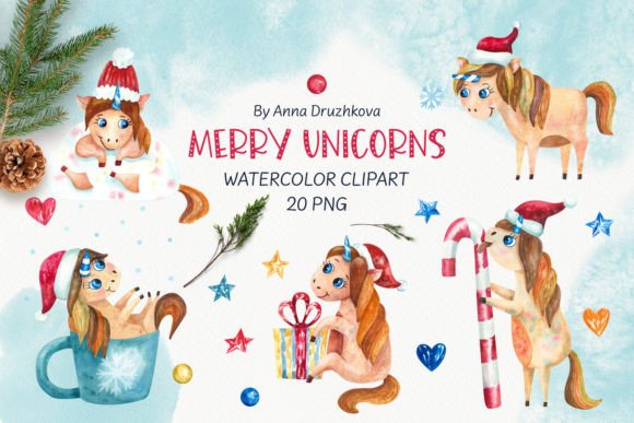 Merry Unicorns Christmas Clipart for Festive Illustrations