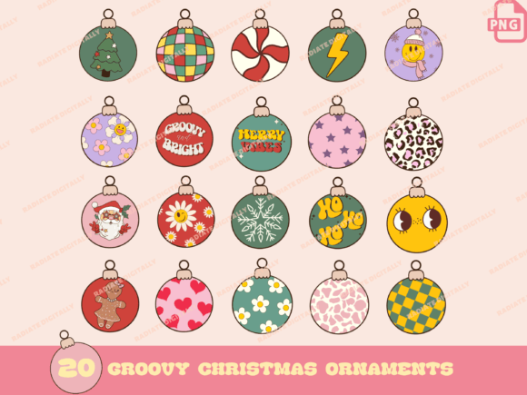 Retro Groovy Christmas Ornaments Illustrations