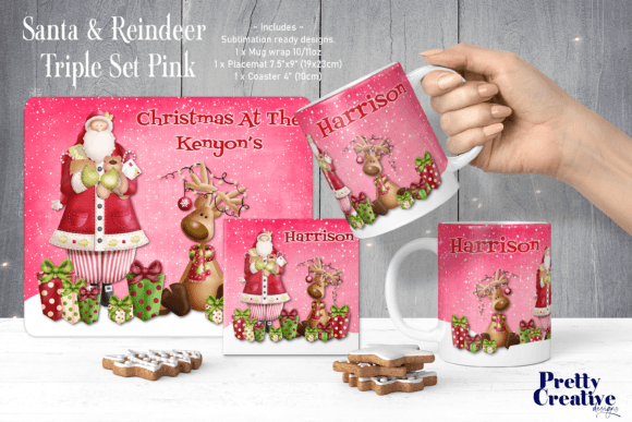 Santa Reindeer Pink Christmas Illustrations