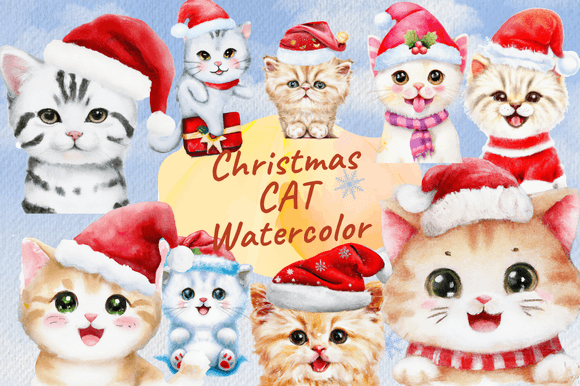 Watercolor Cat Kitten Christmas Clipart for Festive Illustrations