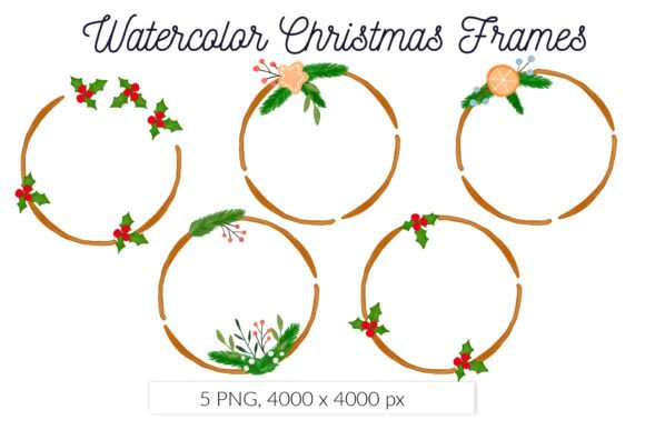 Watercolor Christmas Floral Circle Frame Illustrations