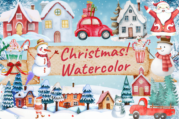Watercolor Christmas House Truck Santa Embroidery