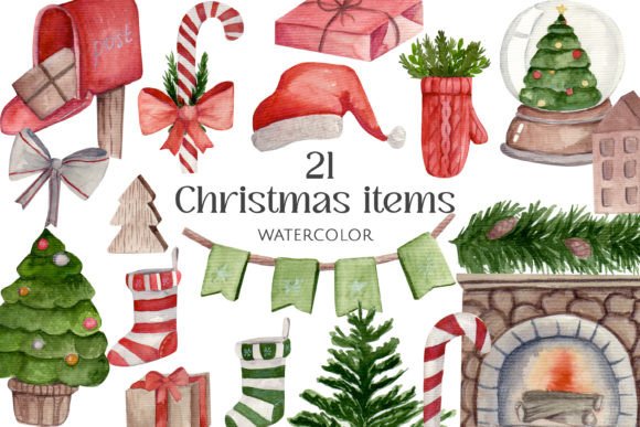 Watercolor Christmas Items Set. Clipart for Festive Crafting